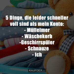 5 Dinge, die leider schneller voll sind als mein Konto: - Mülleimer - Wäschekorb -Geschirrspüler - Schnauze - Ich