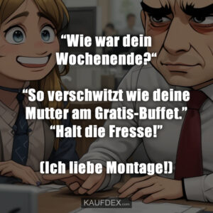 “Wie war dein Wochenende?“ “So verschwitzt wie deine Mutter am Gratis-Buffet.” “Halt die Fresse!” (Ich liebe Montage!)