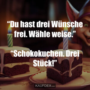 “Du hast 3 Wünsche frei, wähle weise.“ “Käsekuchen, drei Stück!“