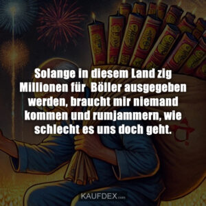 Solange in diesem Land zig Millionen für Böller ausgegeben werden, braucht mir niemand kommen und rumjammern, wie schlecht es uns doch geht.