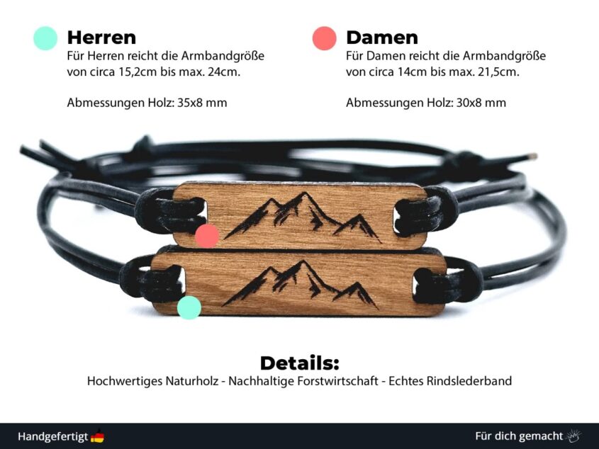 Auf dem Bild sind zwei Holzarmbänder zu sehen. Beide haben Berge graviert. Die Unterschied zwischen Damen und Herren Armband werden aufgezeigt.