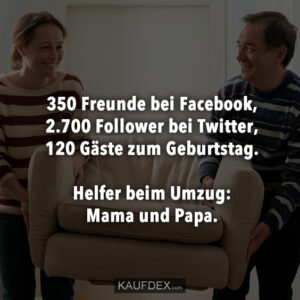 350 Freunde bei Facebook, 2.700 Follower bei Twitter, 120 Gäste zum Geburtstag. Helfer beim Umzug: Mama und Papa.