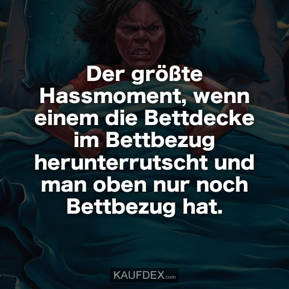 Der größte Hassmoment, wenn einem die Bettdecke im Bettbezug herunterrutscht und man oben nur noch Bettbezug hat.