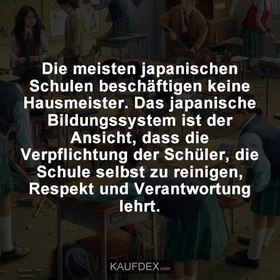 Die meisten japanischen Schulen beschäftigen keine Hausmeister. Das japanische Bildungssystem ist der Ansicht, dass die Verpflichtung der Schüler, die Schule selbst zu reinigen, Respekt und Verantwortung lehrt.