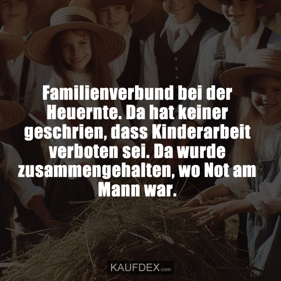 Familienverbund bei der Heuernte. Da hat keiner geschrien, dass Kinderarbeit verboten sei. Da wurde zusammengehalten, wo Not am Mann war.