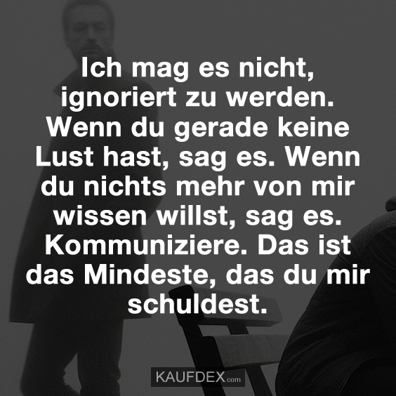 Ich mag es nicht, ignoriert zu werden. Wenn du gerade keine Lust hast, sag es. Wenn du nichts mehr von mir wissen willst, sag es. Kommuniziere. Das ist das Mindeste, das du mir schuldest.