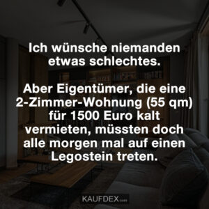Ich wünsche niemanden etwas schlechtes. Aber Eigentümer, die eine 2-Zimmer-Wohnung (55 qm) für 1500 Euro kalt vermieten, müssten doch alle morgen mal auf einen Legostein treten.