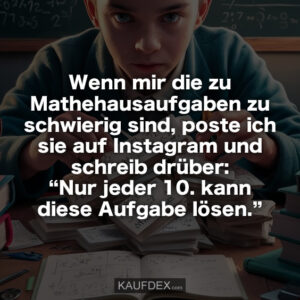 Wenn mir die zu Mathehausaufgaben zu schwierig sind, poste ich sie auf Instagram und schreib drüber: “Nur jeder 10. kann diese Aufgabe lösen.”