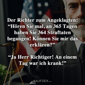 Der Richter zum Angeklagten: “Hören Sie mal, an 365 Tagen haben Sie 364 Straftaten begangen! Können Sie mir das erklären?” “Ja Herr Richtiger! An einem Tag war ich krank!”