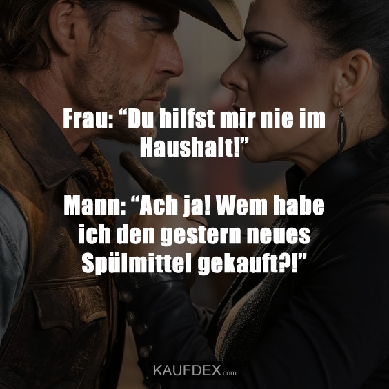Frau: “Du hilfst mir nie im Haushalt!” Mann: “Ach ja! Wem habe ich den gestern neues Spülmittel gekauft?!”
