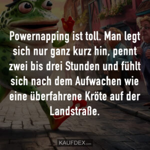 Powernapping ist toll. Man legt sich nur ganz kurz hin, pennt zwei bis drei Stunden und fühlt sich nach dem Aufwachen wie eine überfahrene Kröte auf der Landstraße.