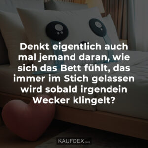 Denkt eigentlich auch mal jemand daran, wie sich das Bett fühlt, das immer im Stich gelassen wird sobald irgendein Wecker klingelt?