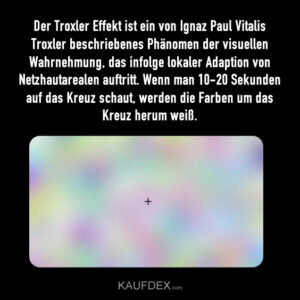 Der Troxler Effekt ist ein von Ignaz Paul Vitalis Troxler beschriebenes Phänomen der visuellen Wahrnehmung, das infolge lokaler Adaption von Netzhautarealen auftritt. Wenn man 10-20 Sekunden auf das Kreuz schaut, werden die Farben um das Kreuz herum weiß.