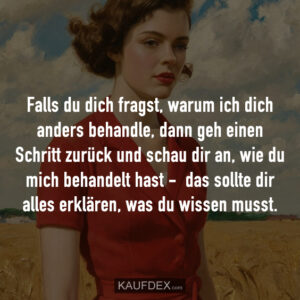Falls du dich fragst, warum ich dich anders behandle, dann geh einen Schritt zurück und schau dir an, wie du mich behandelt hast - das sollte dir alles erklären, was du wissen musst.