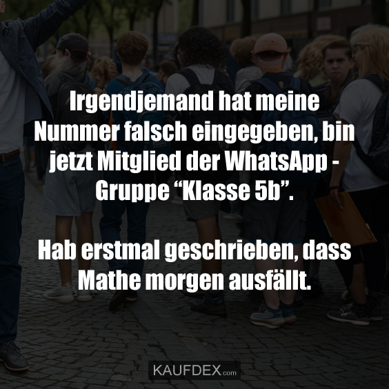 Irgendjemand hat meine Nummer falsch eingegeben, bin jetzt Mitglied der WhatsApp - Gruppe “Klasse 5b”. Hab erstmal geschrieben, dass Mathe morgen ausfällt.