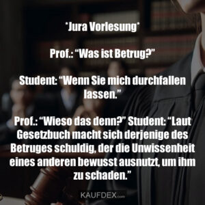 *Jura Vorlesung* Prof.: “Was ist Betrug?” Student: “Wenn Sie mich durchfallen lassen.” Prof.: “Wieso das denn?” Student: “Laut Gesetzbuch macht sich derjenige des Betruges schuldig, der die Unwissenheit eines anderen bewusst ausnutzt, um ihm zu schaden.”