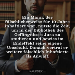 Ein Mann, der fälschlicherweise für 10 Jahre inhaftiert war, nutzte die Zeit, um in der Bibliothek des Gefängnisses Jura zu studieren und bewies im Endeffekt seine eigene Unschuld. Danach vertrat er weitere fälschlich Inhaftierte als Anwalt.