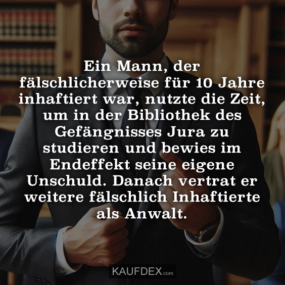 Ein Mann, der fälschlicherweise für 10 Jahre inhaftiert war, nutzte die Zeit, um in der Bibliothek des Gefängnisses Jura zu studieren und bewies im Endeffekt seine eigene Unschuld. Danach vertrat er weitere fälschlich Inhaftierte als Anwalt.