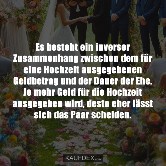 Es besteht ein inverser Zusammenhang zwischen dem für eine Hochzeit ausgegebenen Geldbetrag und der Dauer der Ehe. Je mehr Geld für die Hochzeit ausgegeben wird, desto eher lässt sich das Paar scheiden.