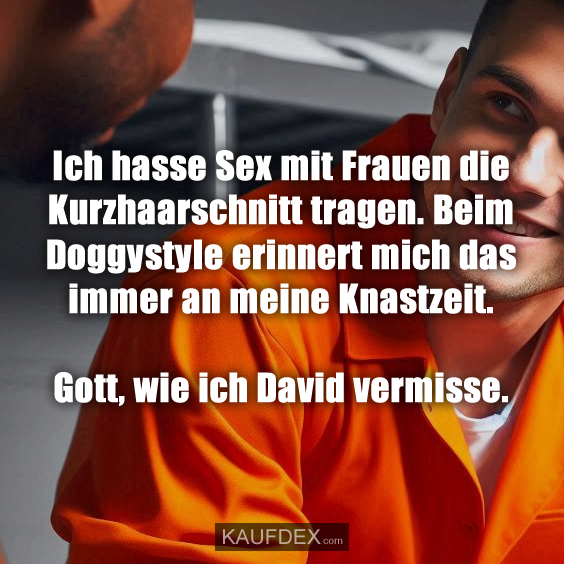 Ich hasse Sex mit Frauen die Kurzhaarschnitt tragen. Beim Doggystyle erinnert mich das immer an meine Knastzeit. Gott, wie ich David vermisse.