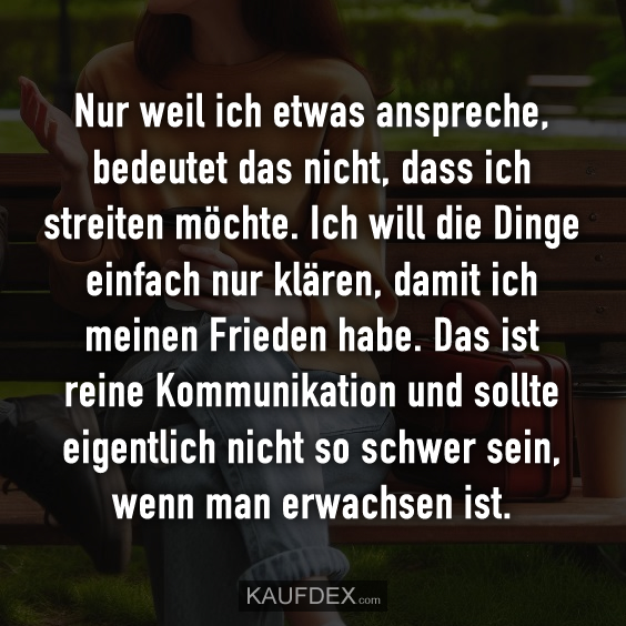 Nur weil ich etwas anspreche, bedeutet das nicht, dass ich streiten möchte. Ich will die Dinge einfach nur klären, damit ich meinen Frieden habe. Das ist reine Kommunikation und sollte eigentlich nicht so schwer sein, wenn man erwachsen ist.