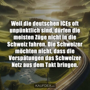 Weil die deutschen ICEs oft unpünktlich sind, dürfen die meisten Züge nicht in die Schweiz fahren. Die Schweizer möchten nicht, dass die Verspätungen das Schweizer Netz aus dem Takt bringen.