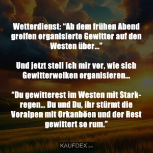 Wetterdienst: “Ab dem frühen Abend greifen organisierte Gewitter auf den Westen über...” Und jetzt stell ich mir vor, wie sich Gewitterwolken organisieren... “Du gewitterest im Westen mit Starkregen...Du und Du, ihr stürmt die Voralpen mit Orkanböen und der Rest gewittert so rum.”