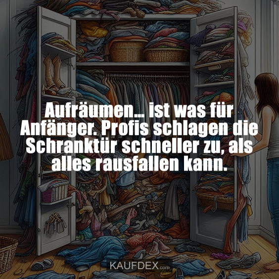 Aufräumen… ist was für Anfänger. Profis schlagen die Schranktür schneller zu, als alles rausfallen kann.
