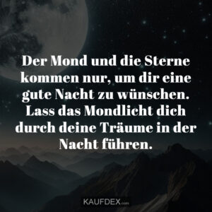Der Mond und die Sterne kommen nur, um dir eine gute Nacht zu wünschen. Lass das Mondlicht dich durch deine Träume in der Nacht führen.