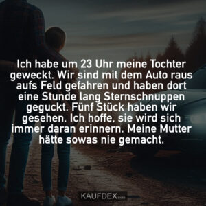 Ich habe um 23 Uhr meine Tochter geweckt. Wir sind mit dem Auto raus aufs Feld gefahren und haben dort eine Stunde lang Sternschnuppen geguckt. Fünf Stück haben wir gesehen. Ich hoffe, sie wird sich immer daran erinnern. Meine Mutter hätte sowas nie gemacht.