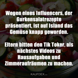 Wegen eines Influencers, der Gurkensalatrezepte präsentiert, ist auf Island das Gemüse knapp geworden. Eltern bitten den Tik Toker, als nächstes Videos zu Hausaufgaben und Zimmeraufräumen zu machen.
