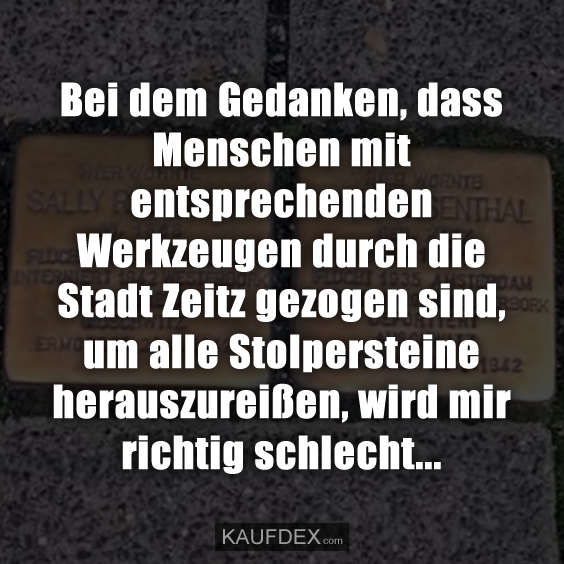 Bei dem Gedanken, dass Menschen mit entsprechenden Werkzeugen durch die Stadt Zeitz gezogen sind, um alle Stolpersteine herauszureißen, wird mir richtig schlecht...