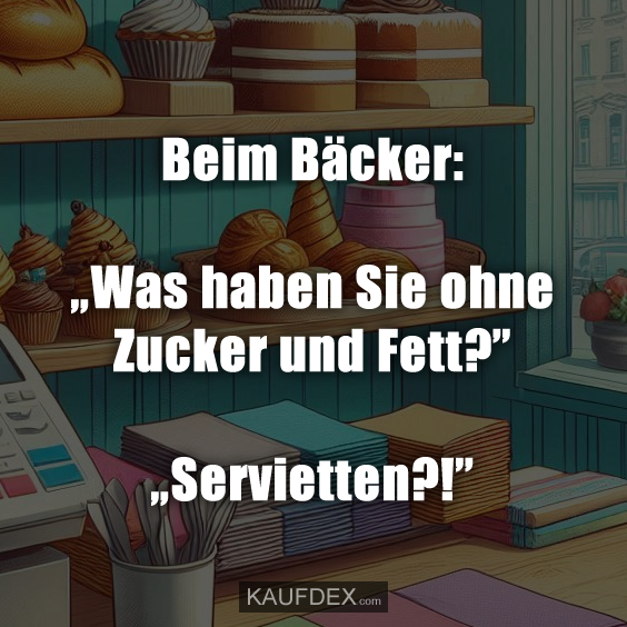 Beim Bäcker: „Was haben Sie ohne Zucker und Fett?” „Servietten?!”