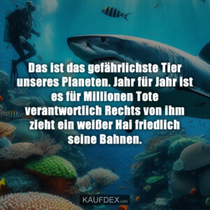 Das ist das gefährlichste Tier unseres Planeten. Jahr für Jahr ist es für Millionen Tote verantwortlich Rechts von ihm zieht ein weißer Hai friedlich seine Bahnen.