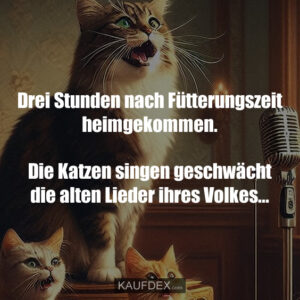 Drei Stunden nach Fütterungszeit heimgekommen. Die Katzen singen geschwächt die alten Lieder ihres Volkes...