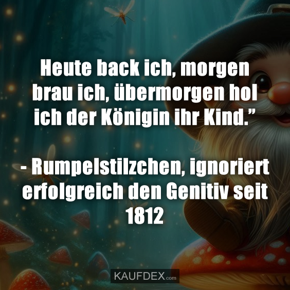 Heute back ich, morgen brau ich, übermorgen hol ich der Königin ihr Kind.” - Rumpelstilzchen, ignoriert erfolgreich den Genitiv seit 1812