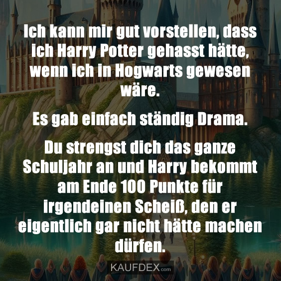 Ich kann mir gut vorstellen, dass ich Harry Potter gehasst hätte, wenn ich in Hogwarts gewesen wäre. Es gab einfach ständig Drama. Du strengst dich das ganze Schuljahr an und Harry bekommt am Ende 100 Punkte für irgendeinen Scheiß, den er eigentlich gar nicht hätte machen dürfen.
