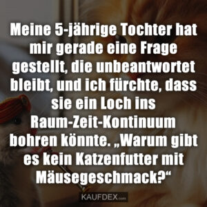 Meine 5-jährige Tochter hat mir gerade eine Frage gestellt, die unbeantwortet bleibt, und ich fürchte, dass sie ein Loch ins Raum-Zeit-Kontinuum bohren könnte. „Warum gibt es kein Katzenfutter mit Mäusegeschmack?“
