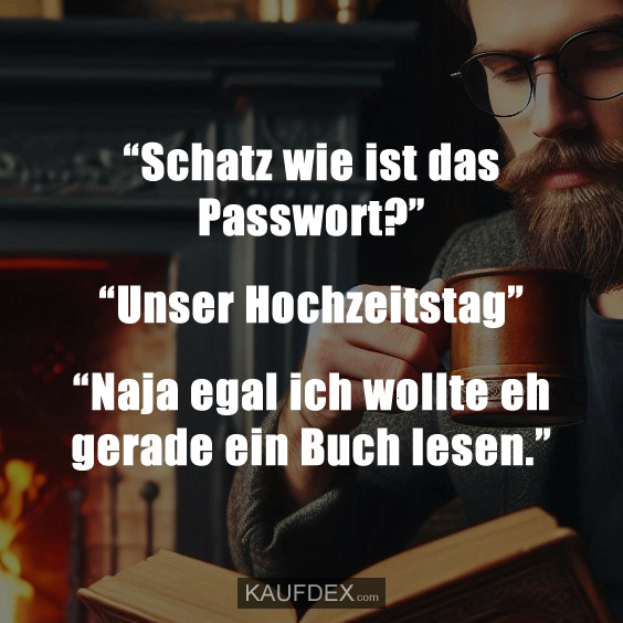 “Schatz wie ist das Passwort?” “Unser Hochzeitstag” “Naja egal ich wollte eh gerade ein Buch lesen.”