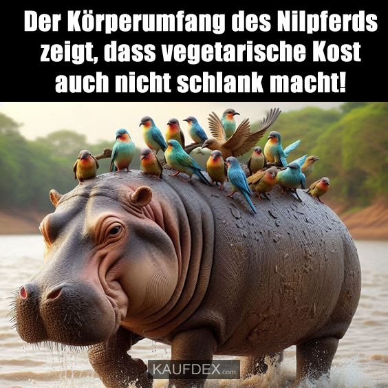 Der Körperumfang des Nilpferds zeigt, dass vegetarische Kost auch nicht schlank macht!