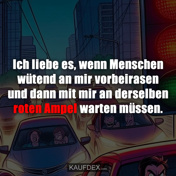 Ich liebe es, wenn Menschen wütend an mir vorbeirasen und dann mit mir an derselben roten Ampel warten müssen.