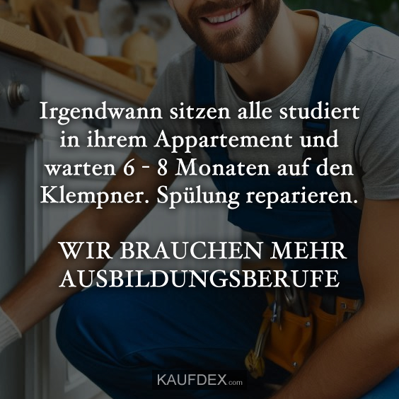 Irgendwann sitzen alle studiert in ihrem Appartement und warten 6 - 8 Monaten auf den Klempner. Spülung reparieren. WIR BRAUCHEN MEHR AUSBILDUNGSBERUFE