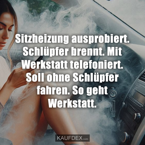 Sitzheizung ausprobiert. Schlüpfer brennt. Mit Werkstatt telefoniert. Soll ohne Schlüpfer fahren. So geht Werkstatt.