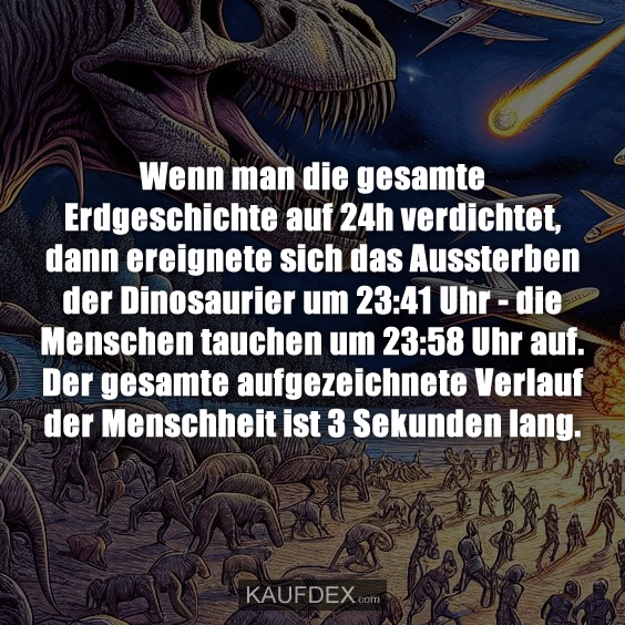 Wenn man die gesamte Erdgeschichte auf 24h verdichtet, dann ereignete sich das Aussterben der Dinosaurier um 23:41 Uhr - die Menschen tauchen um 23:58 Uhr auf. Der gesamte aufgezeichnete Verlauf der Menschheit ist 3 Sekunden lang.