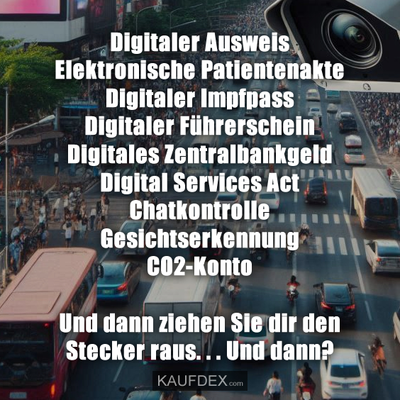 Digitaler Ausweis Elektronische Patientenakte Digitaler Impfpass Digitaler Führerschein Digitales Zentralbankgeld Digital Services Act Chatkontrolle Gesichtserkennung CO2-Konto Und dann ziehen Sie dir den Stecker raus. . . Und dann?