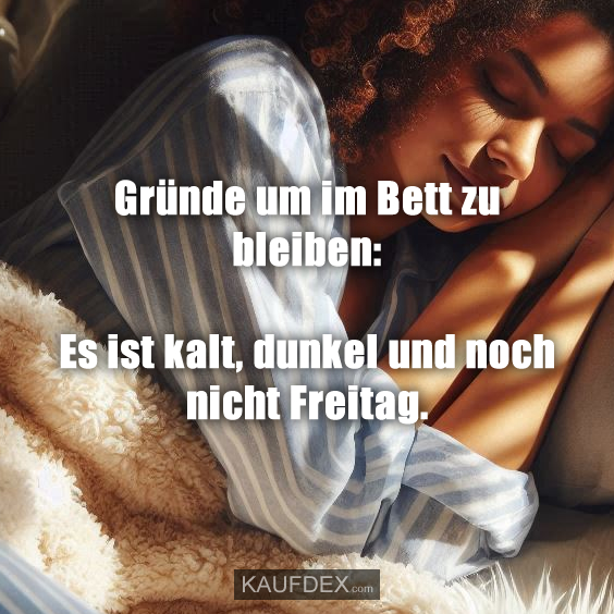 Gründe um im Bett zu bleiben: Es ist kalt, dunkel und noch nicht Freitag.