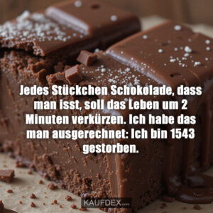 Jedes Stückchen Schokolade, dass man isst, soll das Leben um 2 Minuten verkürzen. Ich habe das man ausgerechnet: Ich bin 1543 gestorben.