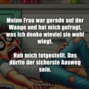 Meine Frau war gerade auf der Waage und hat mich gefragt, was ich denke wieviel sie wohl wiegt. Hab mich totgestellt. Das dürfte der sicherste Ausweg sein.