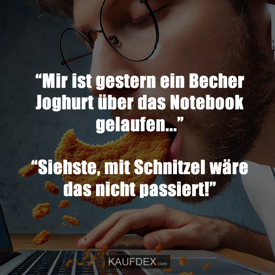“Mir ist gestern ein Becher Joghurt über das Notebook gelaufen...” “Siehste, mit Schnitzel wäre das nicht passiert!”