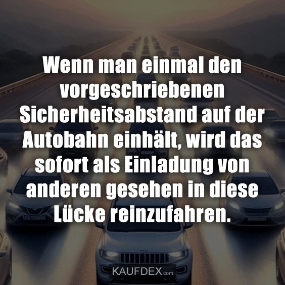 Wenn man einmal den vorgeschriebenen Sicherheitsabstand auf der Autobahn einhält, wird das sofort als Einladung von anderen gesehen in diese Lücke reinzufahren.